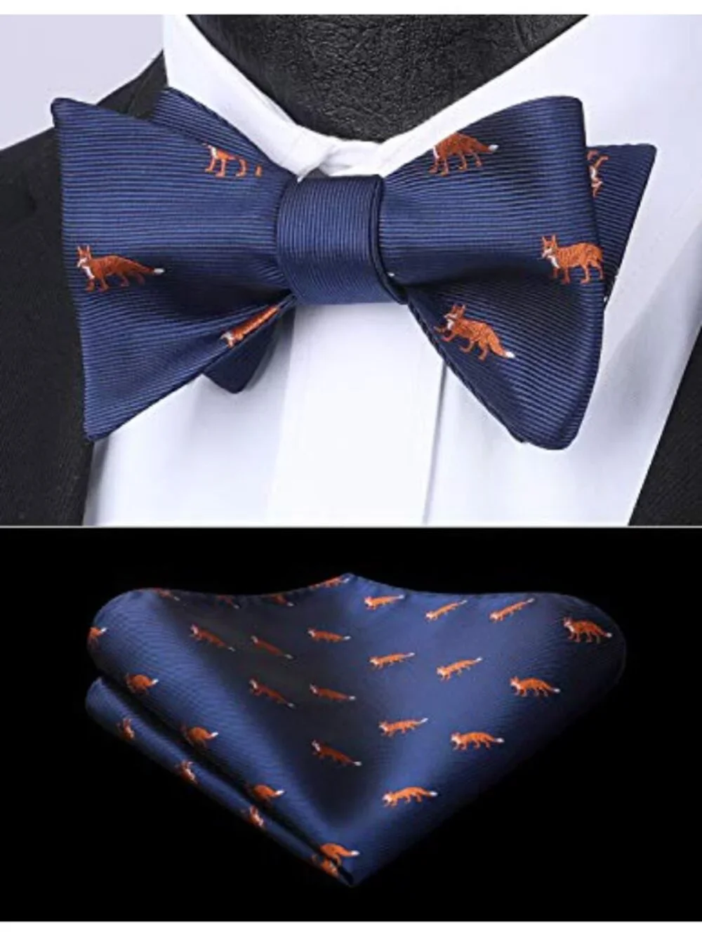 Self Tie Bow Tie and Pocket Square Set Silk Woven Animal Print Adjustable Men's